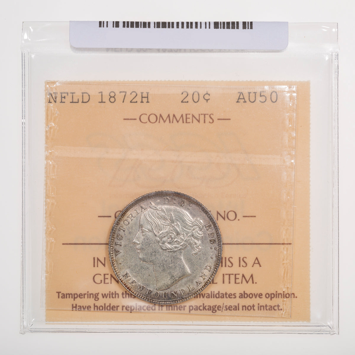 NFLD 20 Cent 1872H ICCS AU-50