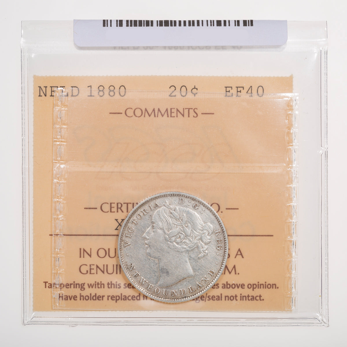 NFLD 20 Cent 1880 ICCS EF-40