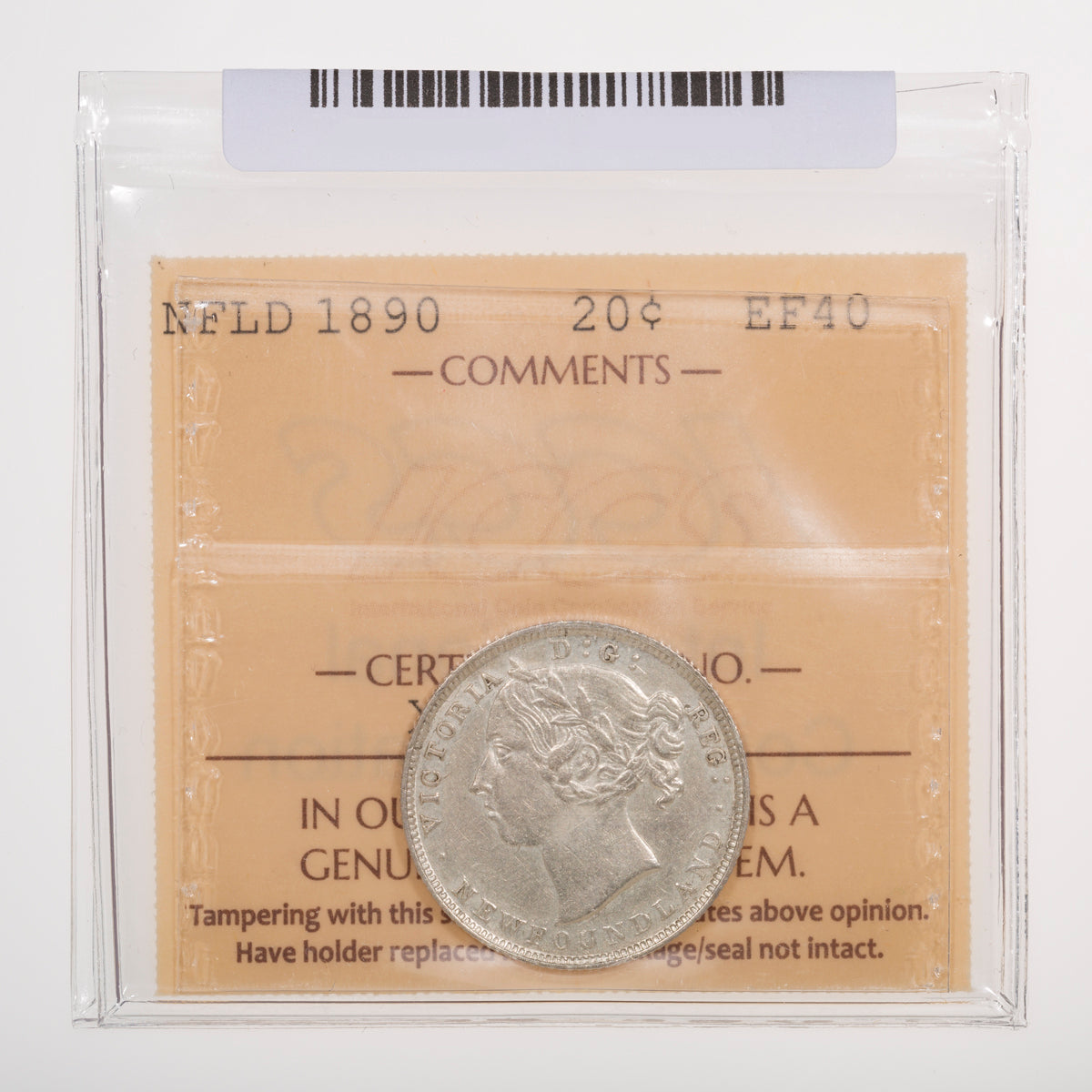 NFLD 20 Cent 1890 ICCS EF-40