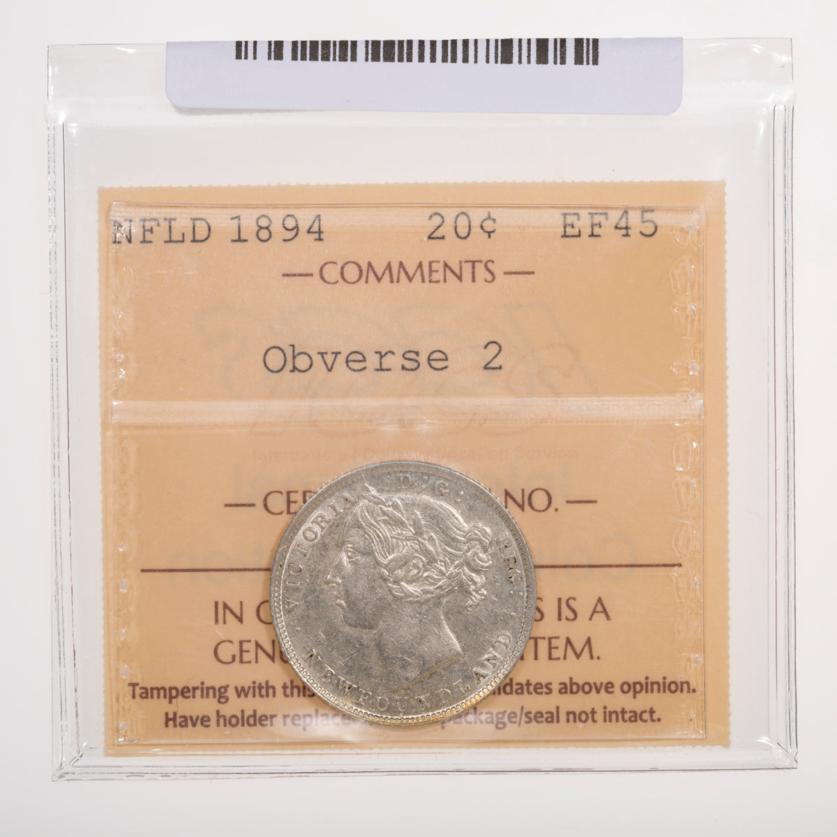 NFLD 20 Cent 1894 ICCS EF-45