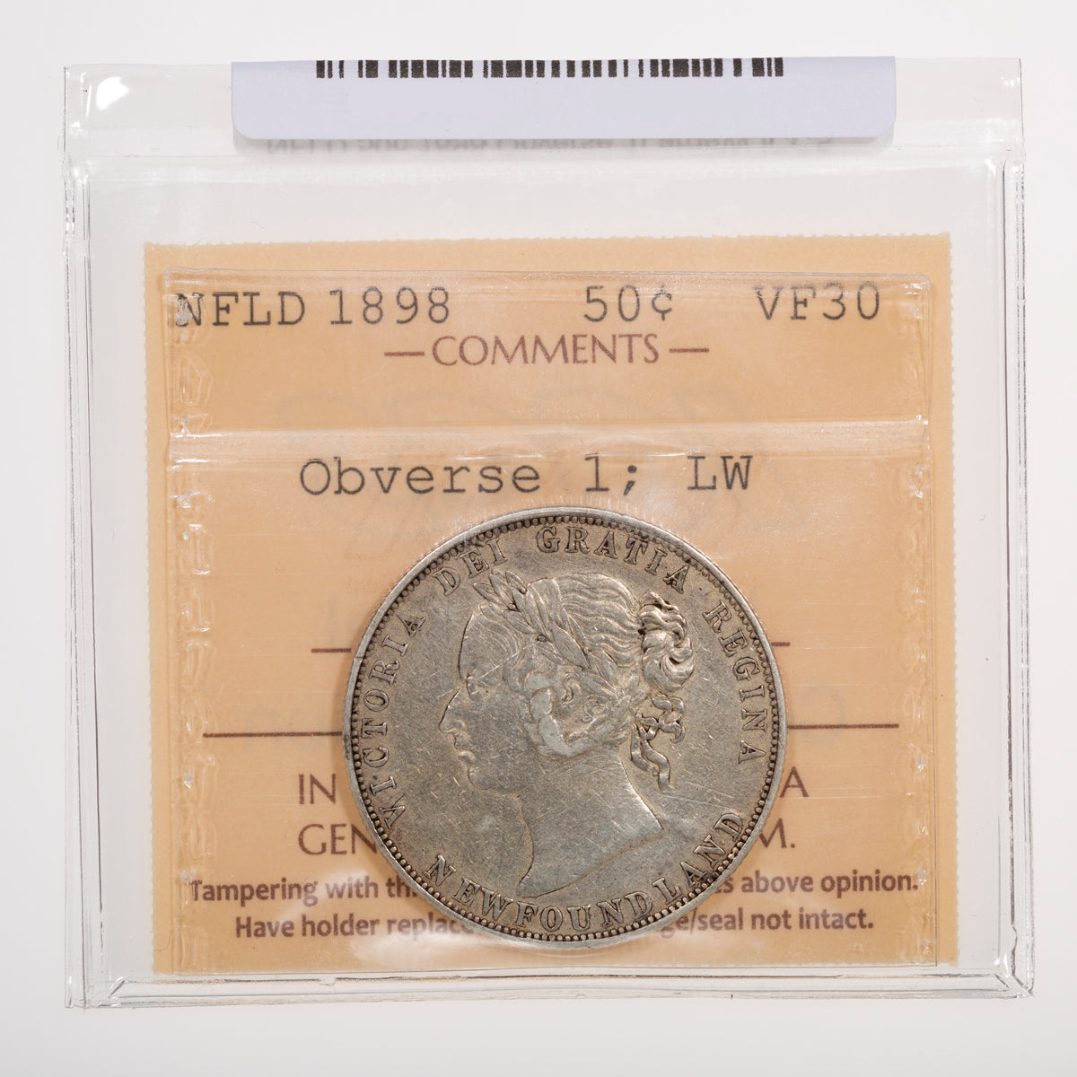 NFLD 50 Cent 1898 Obverse 1 Large W ICCS VF-30