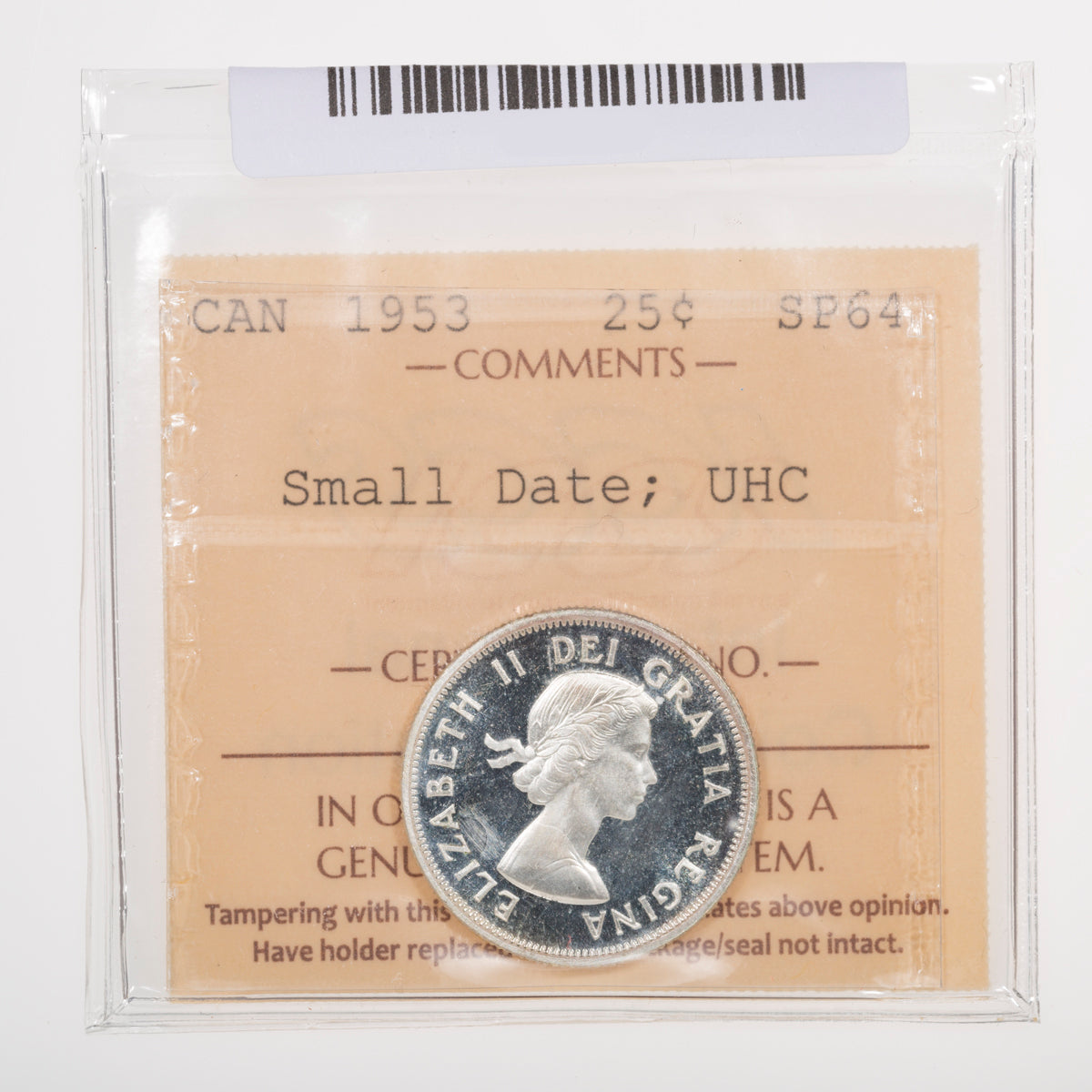 25 Cent 1953 Small Date ICCS SP-64 UHC