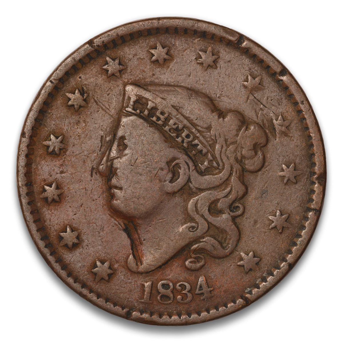 US 1 Cent Coronet 1834 Large 8, Small Stars, Medium Letters Non-Certified VG-10
