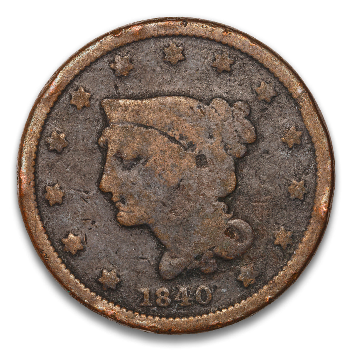 US 1 Cent Braided Hair 1840 Small Date Non-Certified G-4