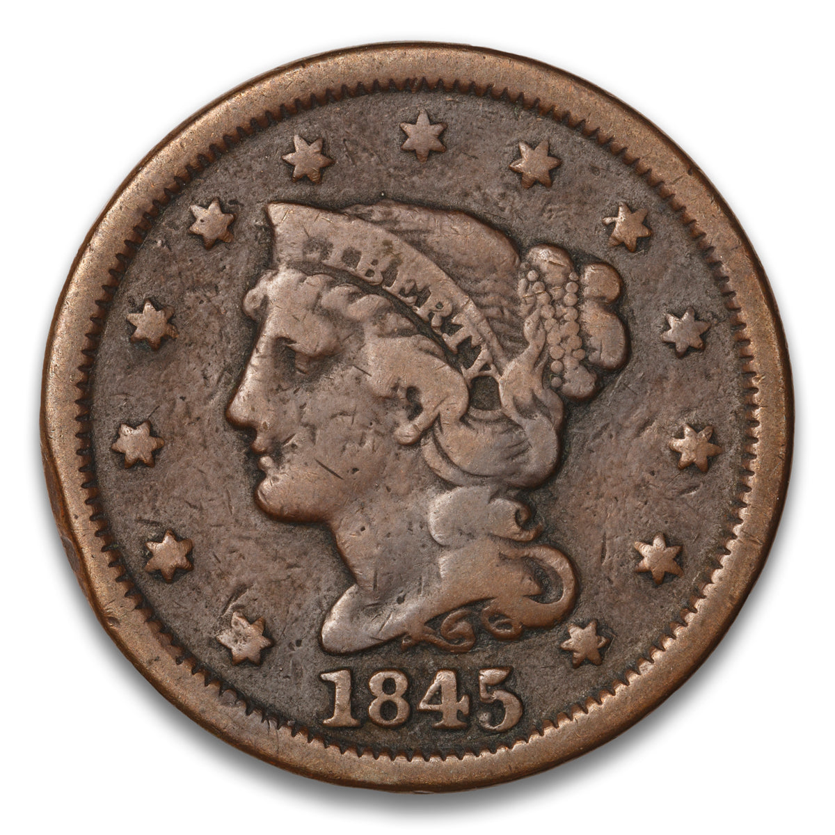 US 1 Cent Braided Hair 1845 Non-Certified VG-10