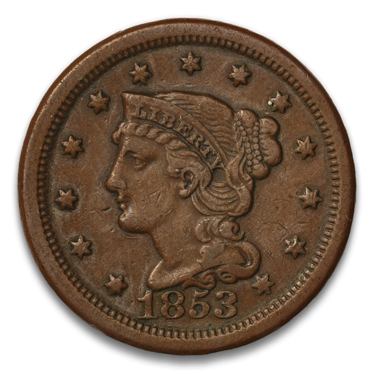 US 1 Cent Braided Hair 1853 Non-Certified VF-35