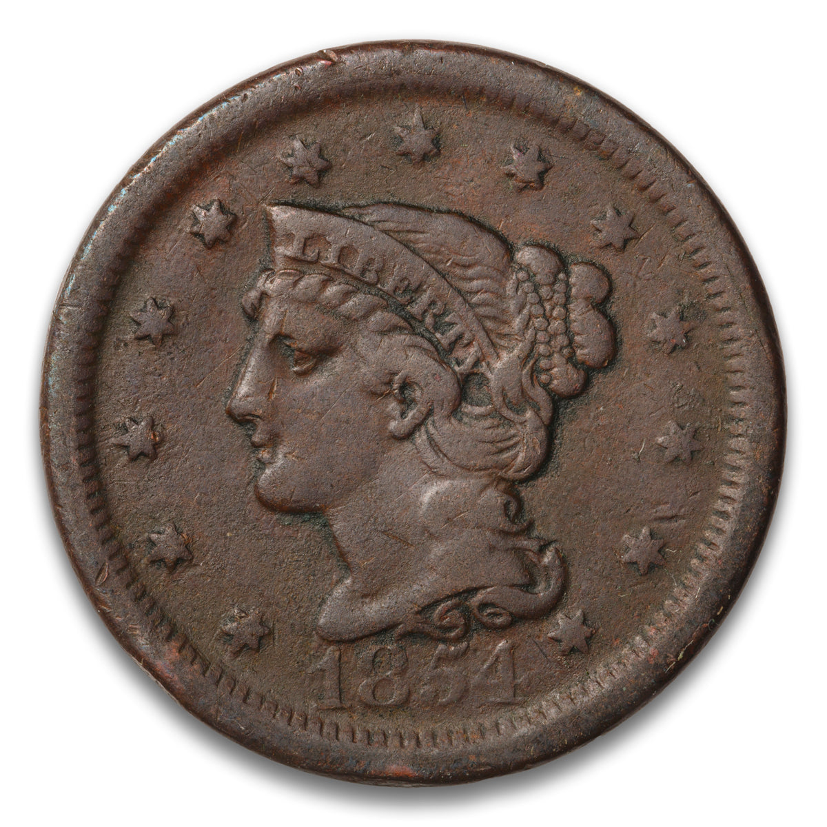 US 1 Cent Braided Hair 1854 Non-Certified F-15