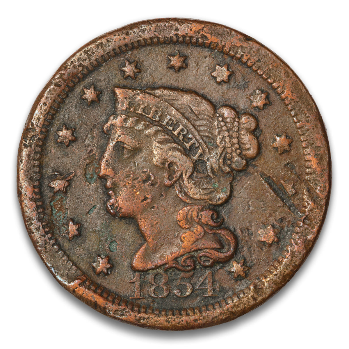US 1 Cent Braided Hair 1854 Non-Certified F-15