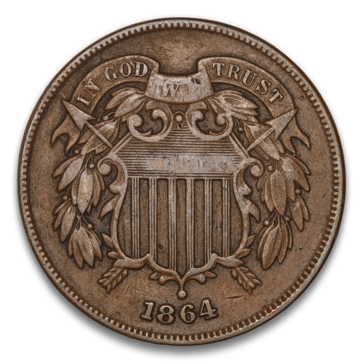 US 2 Cent 1864 Large Motto Non-Certified VF-25 Reverse rim cud