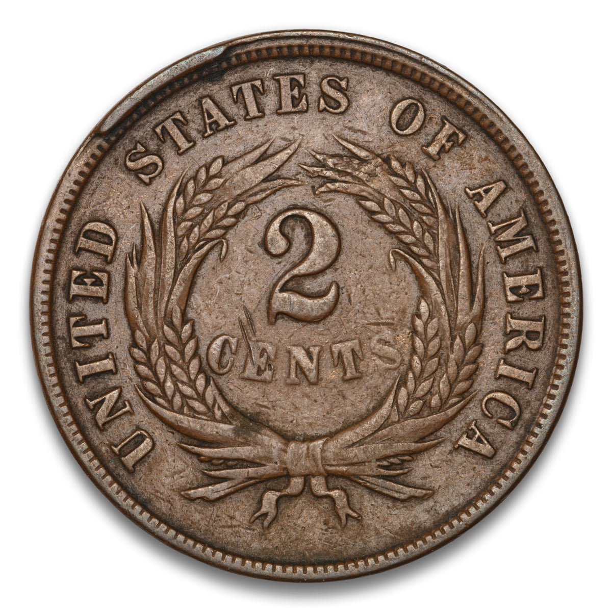 US 2 Cent 1864 Large Motto Non-Certified VF-25 Reverse rim cud