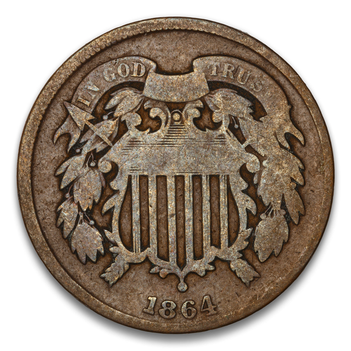 US 2 Cent 1864 Large Motto Non-Certified G-6 180? Rotated Dies