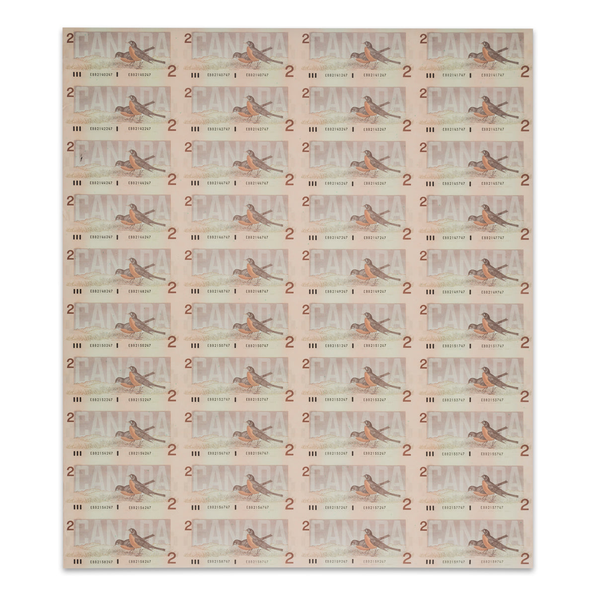 $2 1986 BC-55b-i Uncut Banknote Sheet Theissen-Crow Prefix EBA AU 4x10