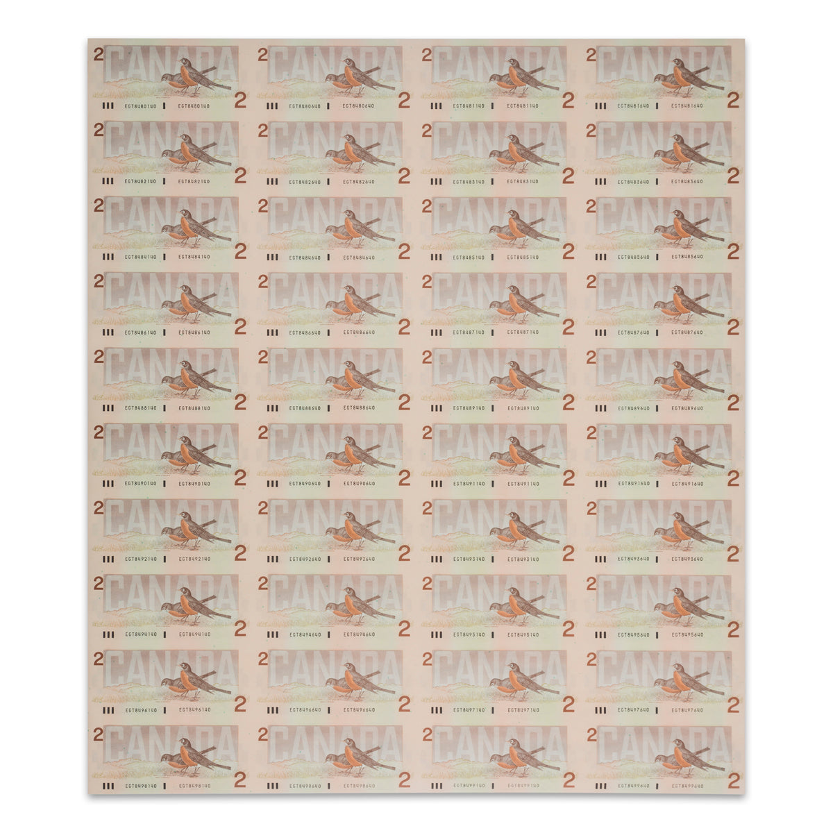 $2 1986 BC-55c-i Uncut Banknote Sheet Bonin-Theissen Prefix EGT AU 4x10