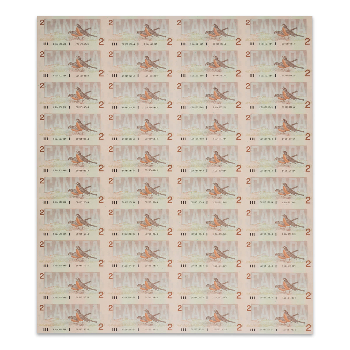 $2 1986 BC-55c-i Uncut Banknote Sheet Bonin-Theissen Prefix EGU UNC 4x10