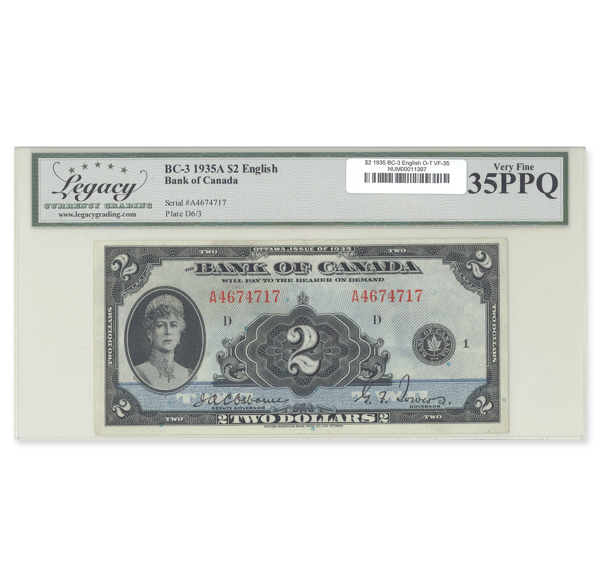$2 1935 BC-3 English Osborne-Towers Prefix A Legacy VF-35 PPQ