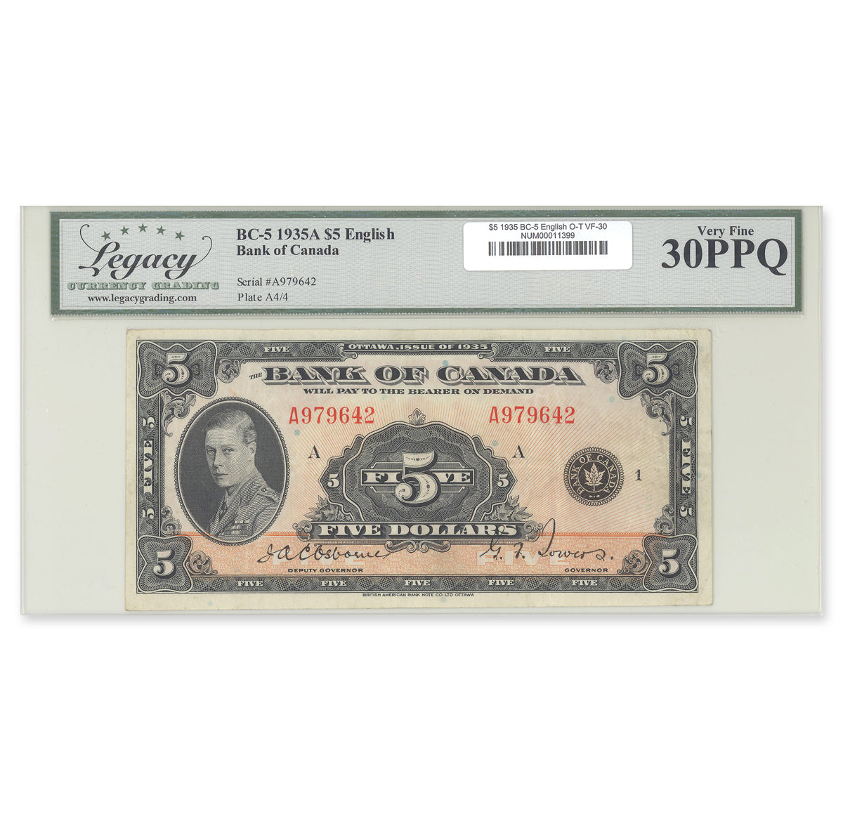 $5 1935 BC-5 English Osborne-Towers Prefix A Legacy VF-30 PPQ