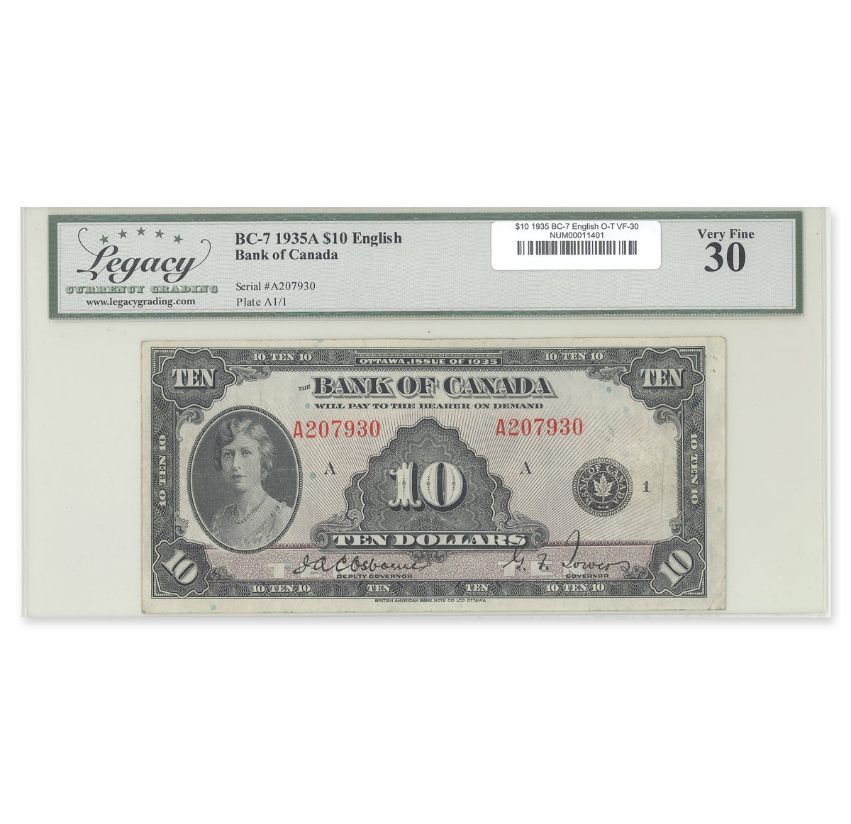 $10 1935 BC-7 English Osborne-Towers Prefix A Legacy VF-30