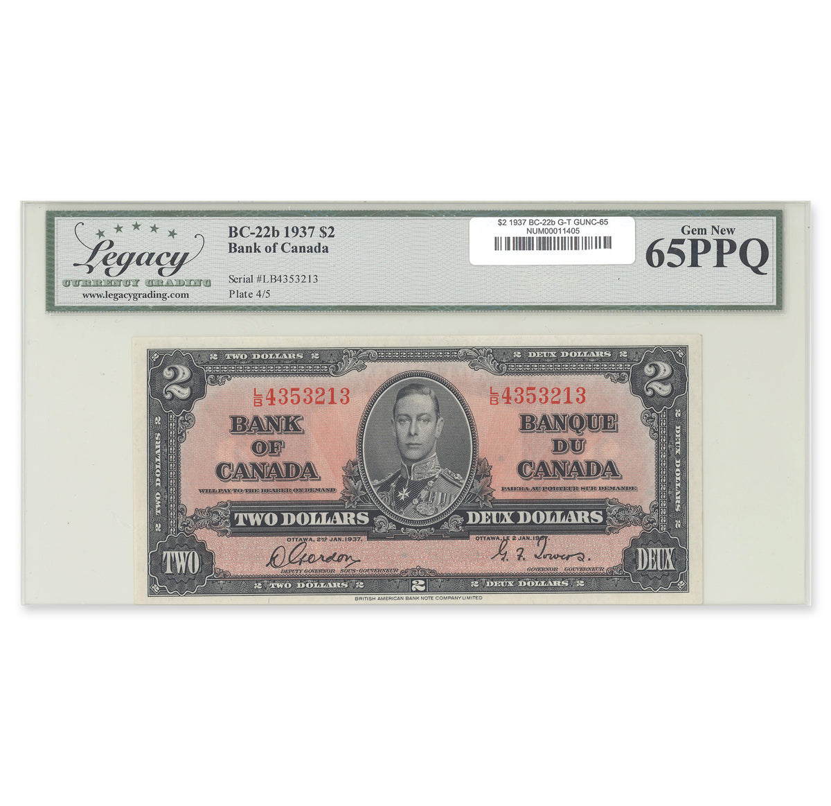 $2 1937 BC-22b Gordon-Towers Prefix L/B Legacy GUNC-65 PPQ