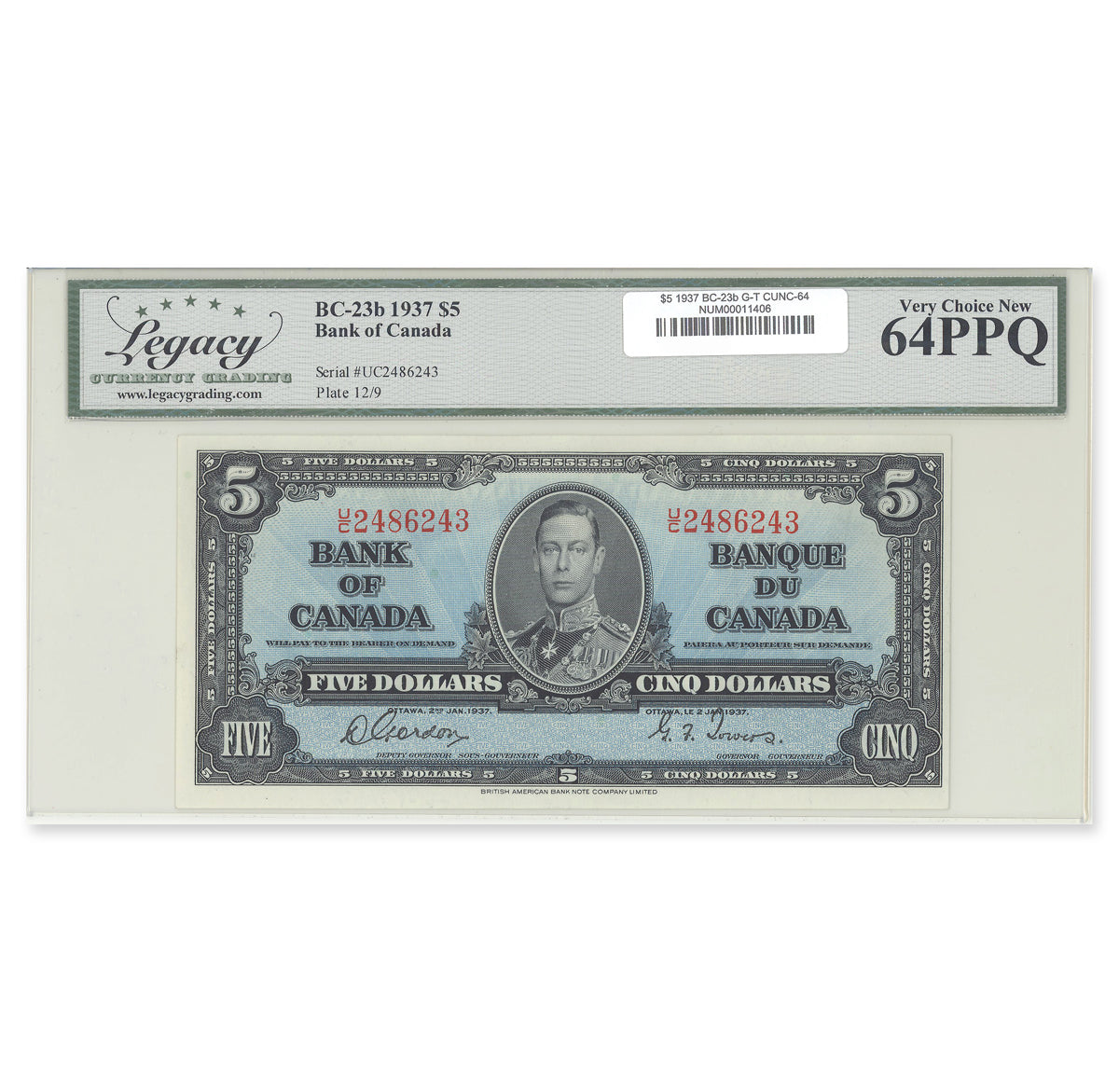 $5 1937 BC-23b Gordon-Towers Prefix U/C Legacy CUNC-64 PPQ