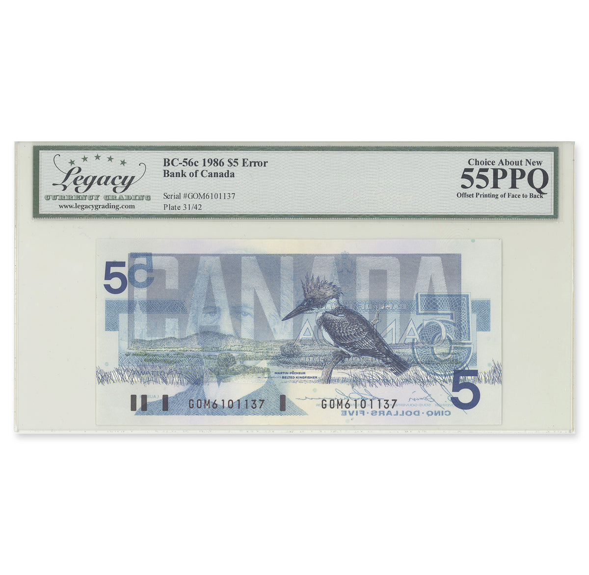 $5 1986 BC-56c-E3-iv Consecutive Printing Error Bonin-Thiessen Prefix GOM Legacy AU-55 PPQ