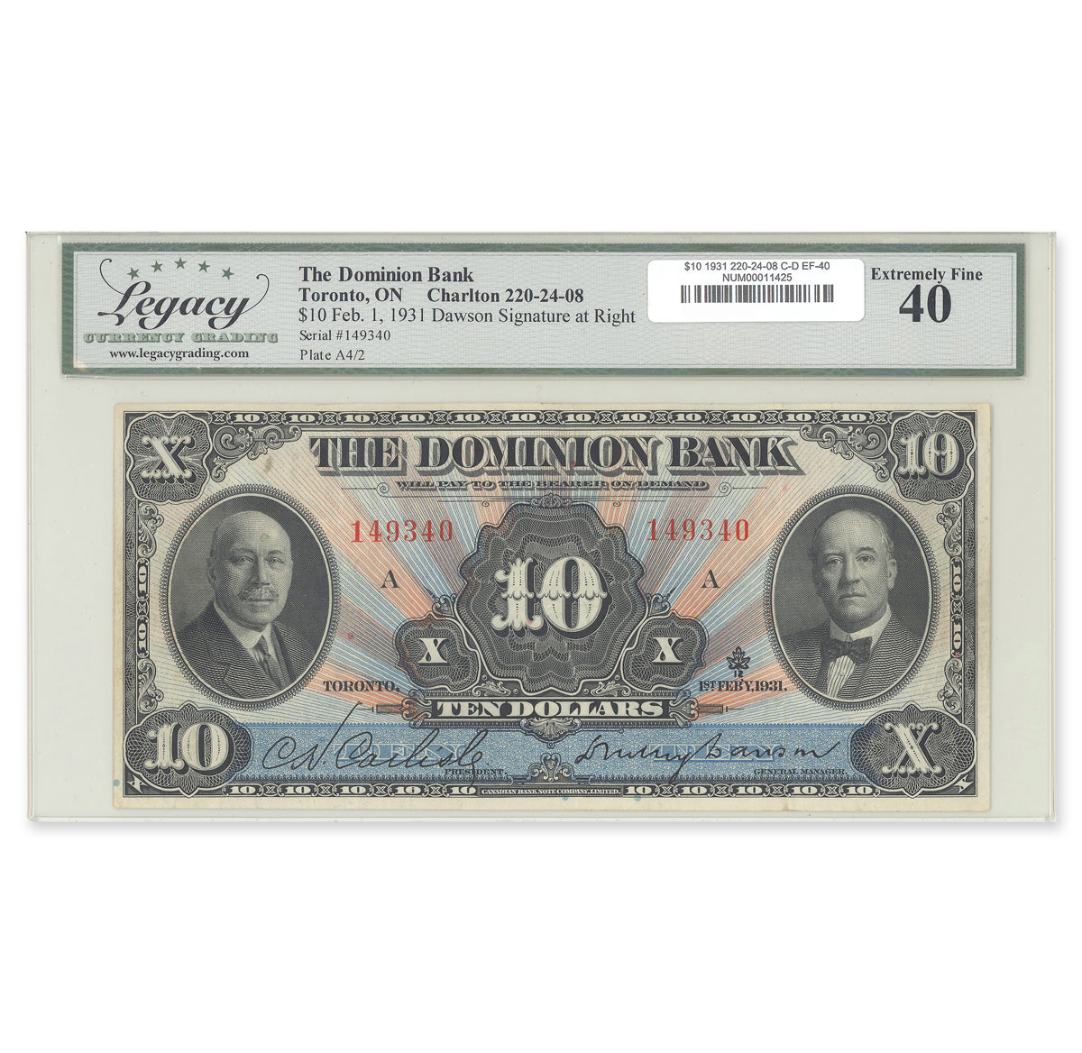 $10 1931 220-24-08 Dominion Bank Carlisle-Dawson Legacy EF-40