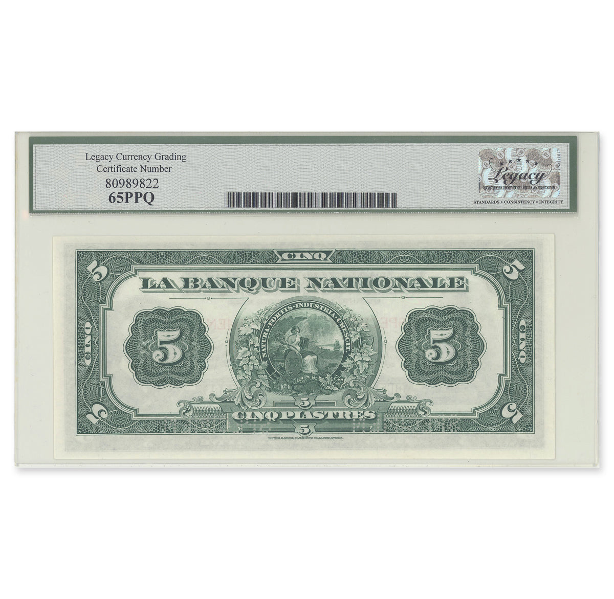$5 1922 510-22-02S Specimen Le Banque Nationale Legacy GUNC-65 PPQ