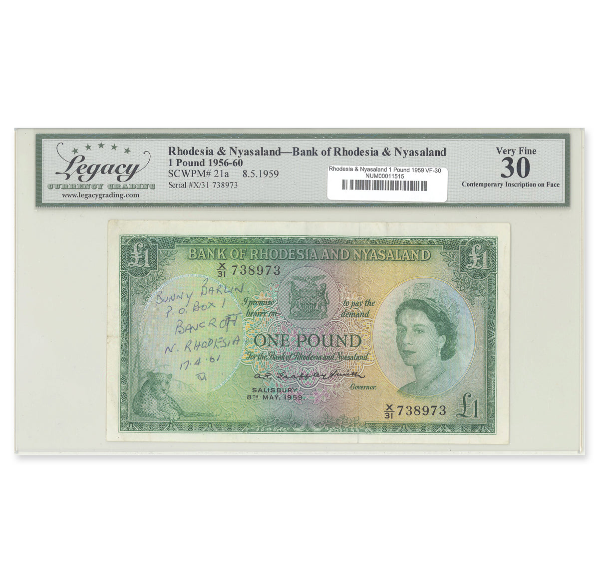 Rhodesia & Nyasaland 1 Pound 1959 P# 21a Legacy VF-30