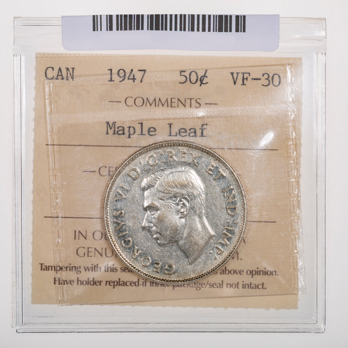 50 Cent 1947 Maple Leaf Straight 7 ICCS VF-30
