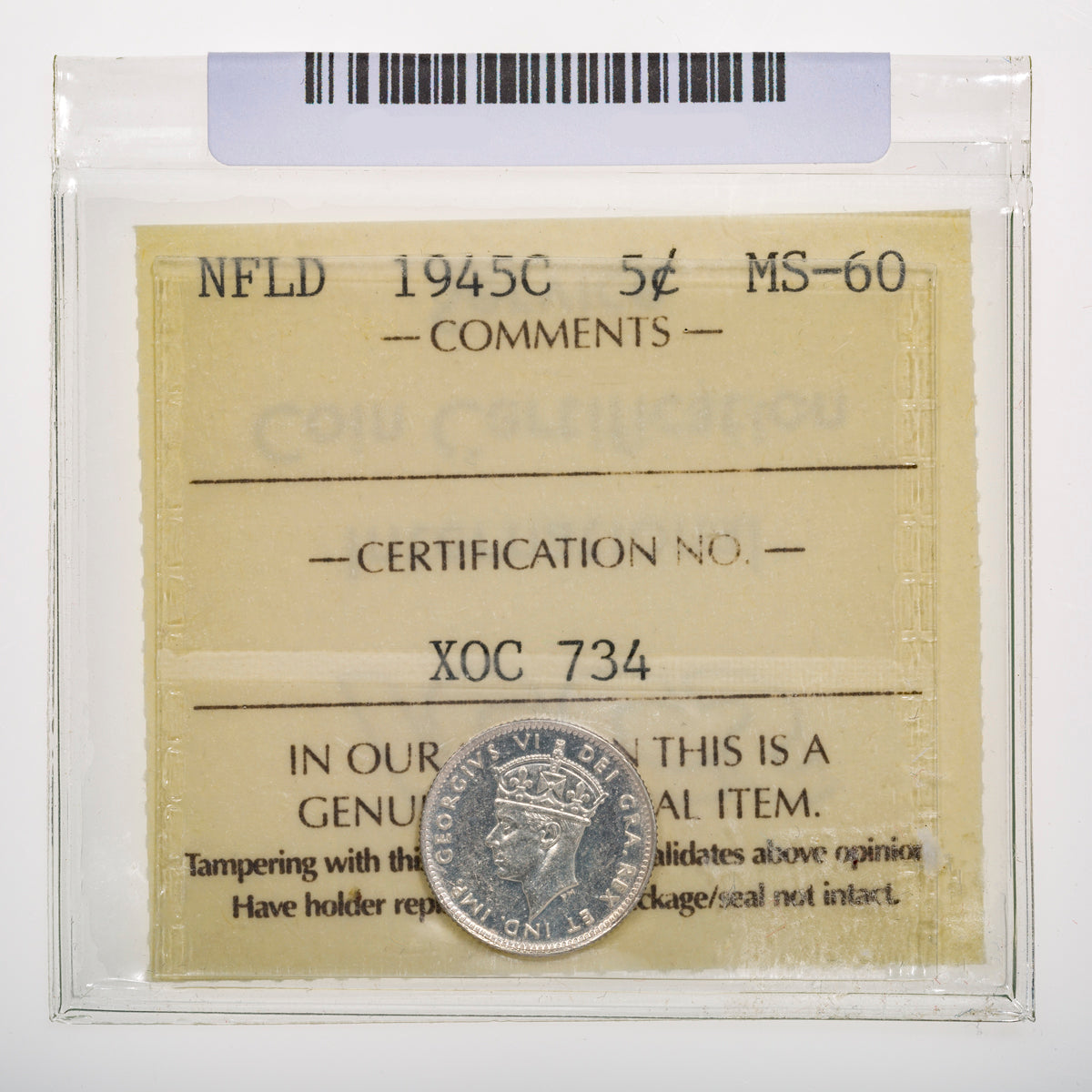 NFLD 5 Cent 1945C ICCS MS-60