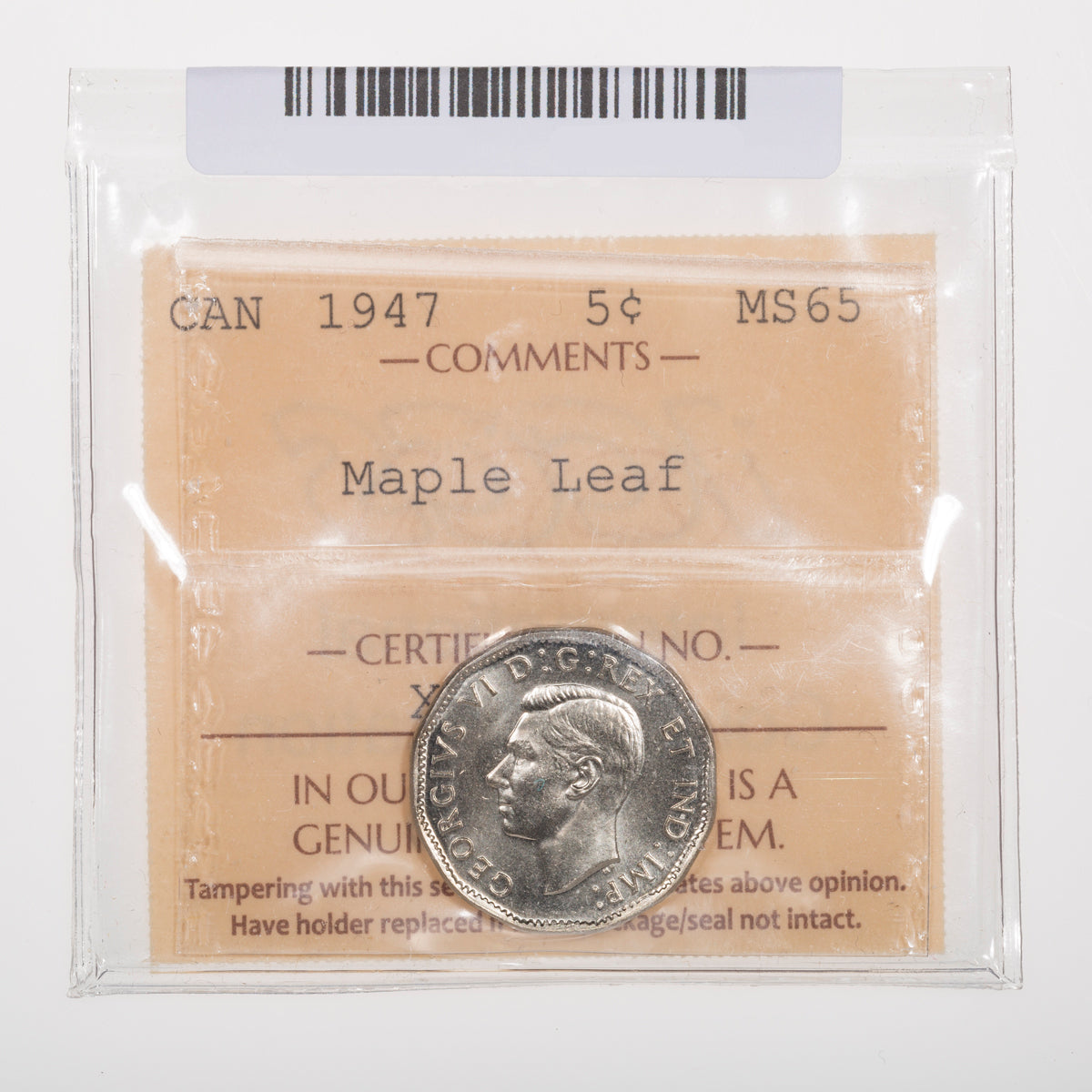 5 Cent 1947 Maple Leaf ICCS MS-65