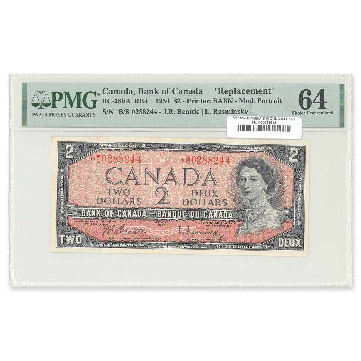 $2 1954 Modified Series BC-38bA Replacement Beattie-Rasminsky Prefix *B/B PMG CUNC-64