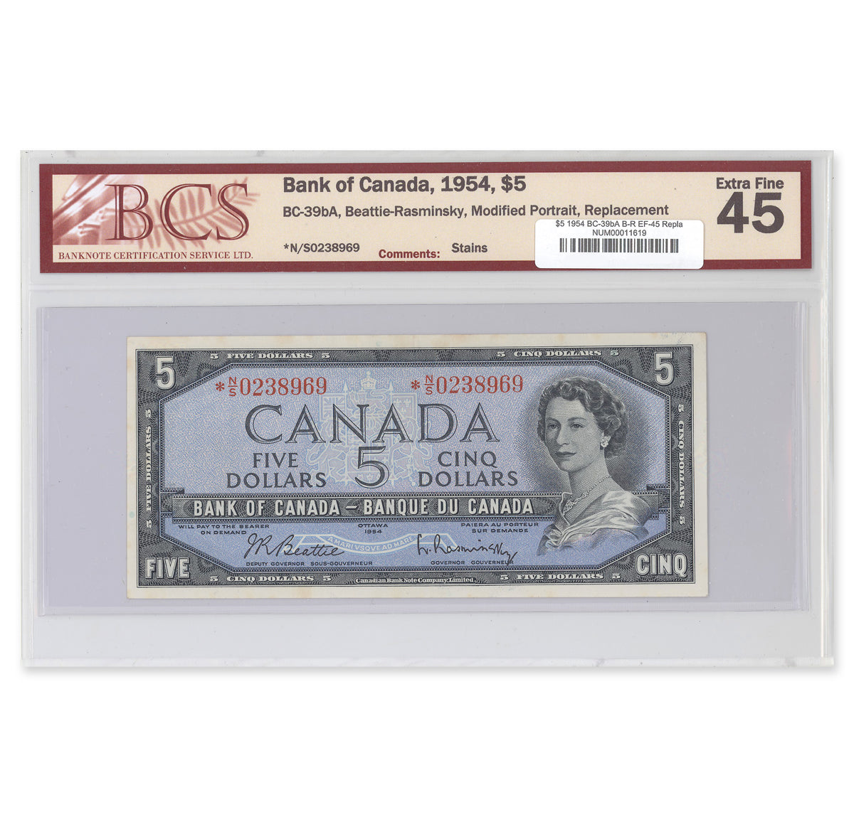 $5 1954 Modified Series BC-39bA Replacement Beattie-Rasminsky Prefix *N/S BCS EF-45