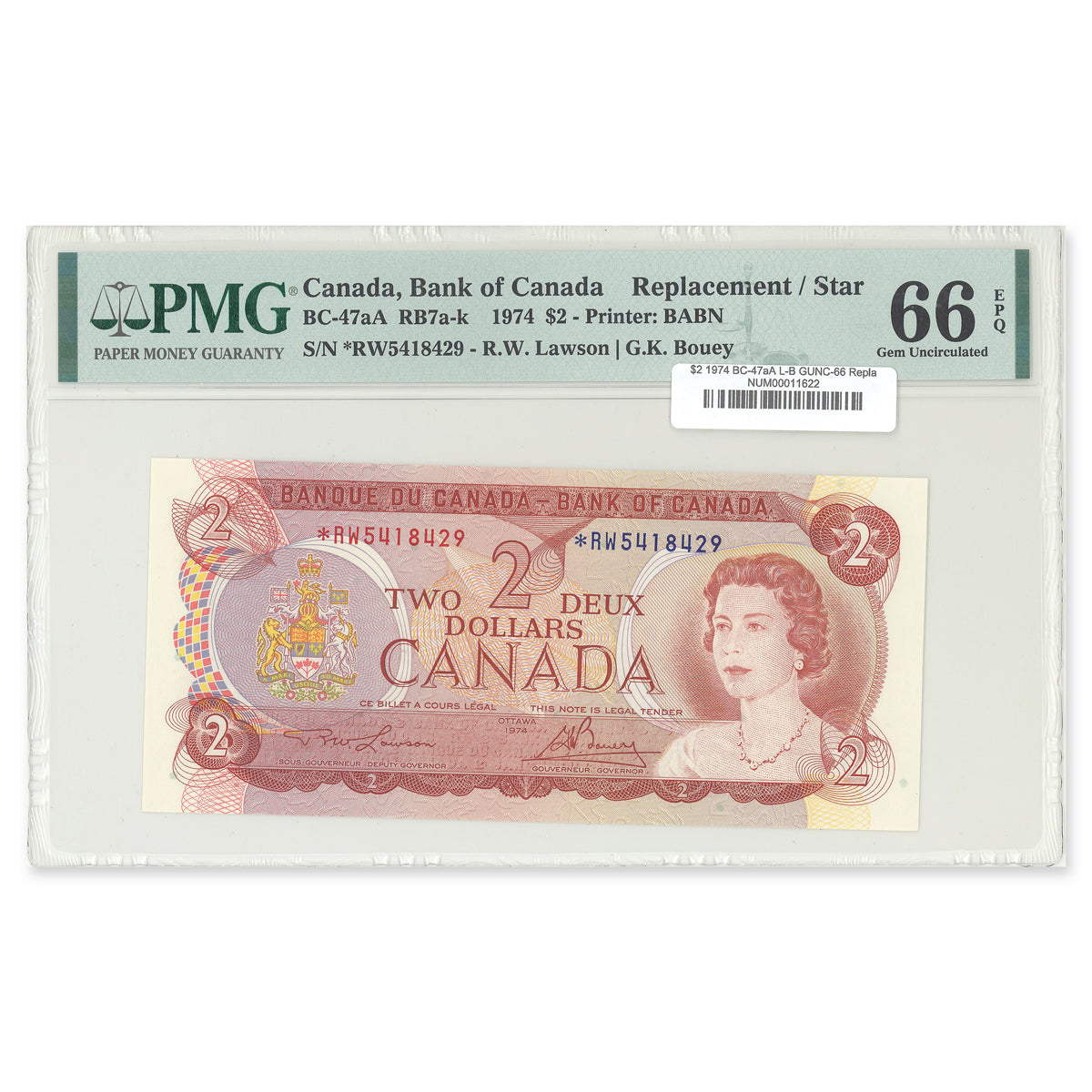 $2 1974 BC-47aA Replacement Lawson-Bouey Prefix *RW PMG GUNC-66 EPQ