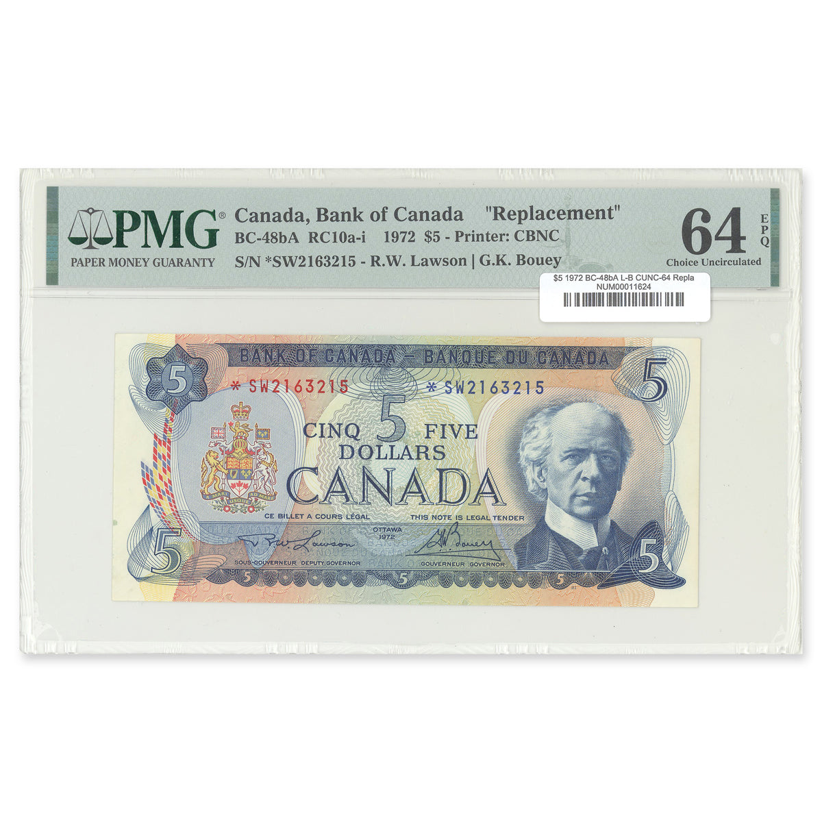 $5 1972 BC-48bA Replacement Lawson-Bouey Prefix *SW PMG CUNC-64 EPQ