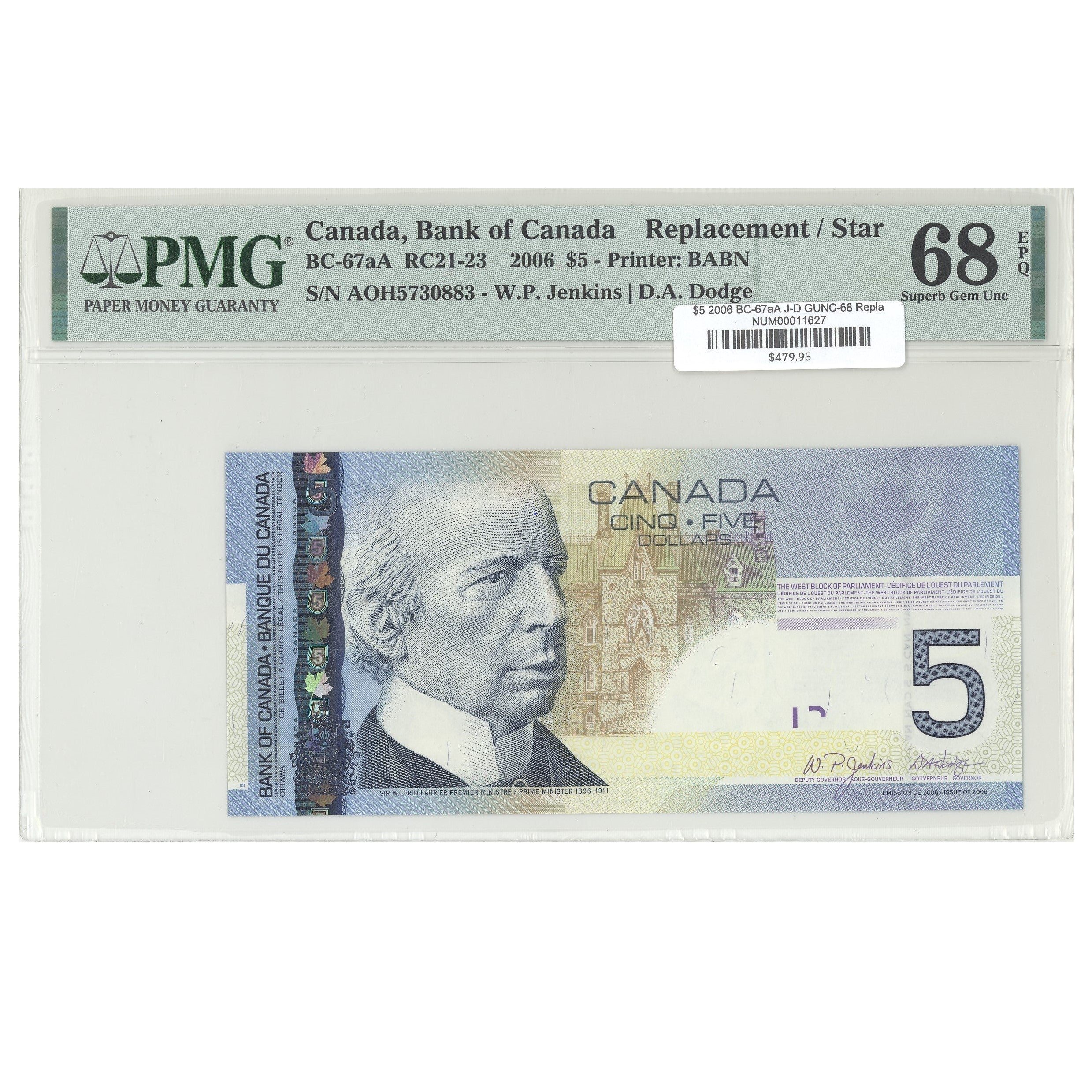 $5 2006 BC-67aA Replacement Jenkins-Dodge Prefix AOH PMG GUNC-68 EPQ
