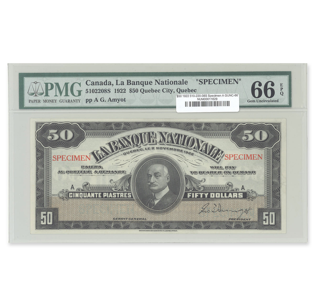 $50 1922 510-220-08S Specimen Le Banque Nationale PMG GUNC-66 EPQ
