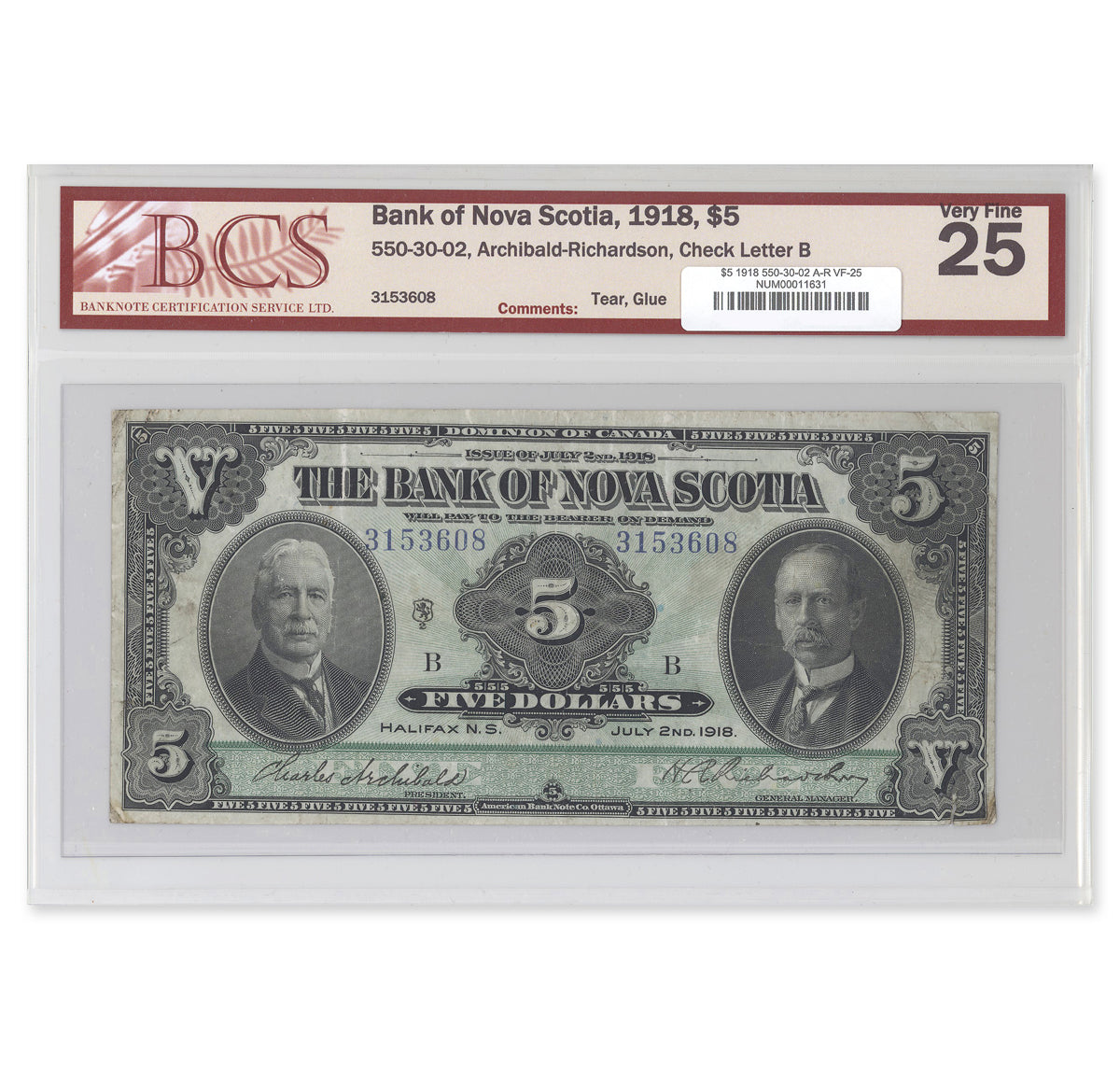 $5 1918 550-30-02 Bank of Nova Scotia Archibald-Richardson BCS VF-25