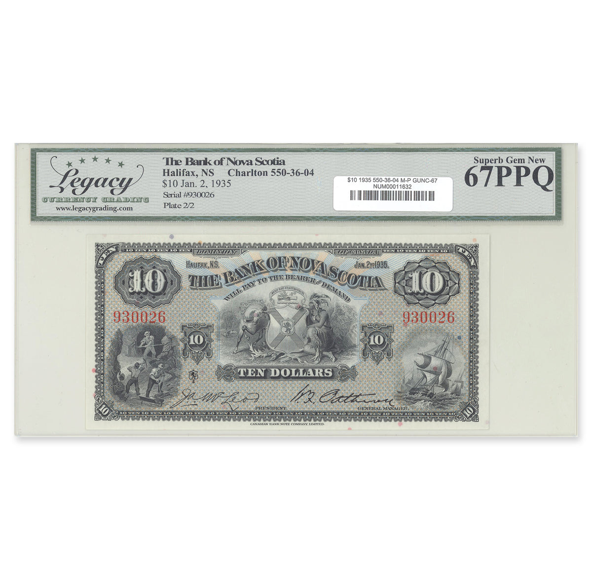 $10 1935 550-36-04 Bank of Nova Scotia McLeod-Patterson Legacy GUNC-67 PPQ