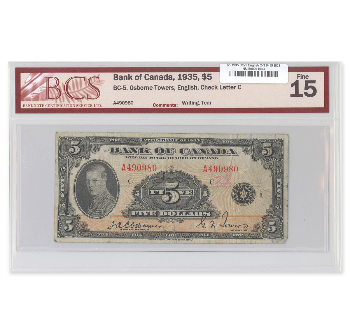 $5 1935 BC-5 English Osborne-Towers Prefix A BCS F-15