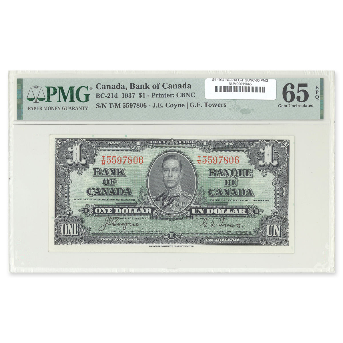 $1 1937 BC-21d Coyne-Towers Prefix T/M PMG GUNC-65 EPQ