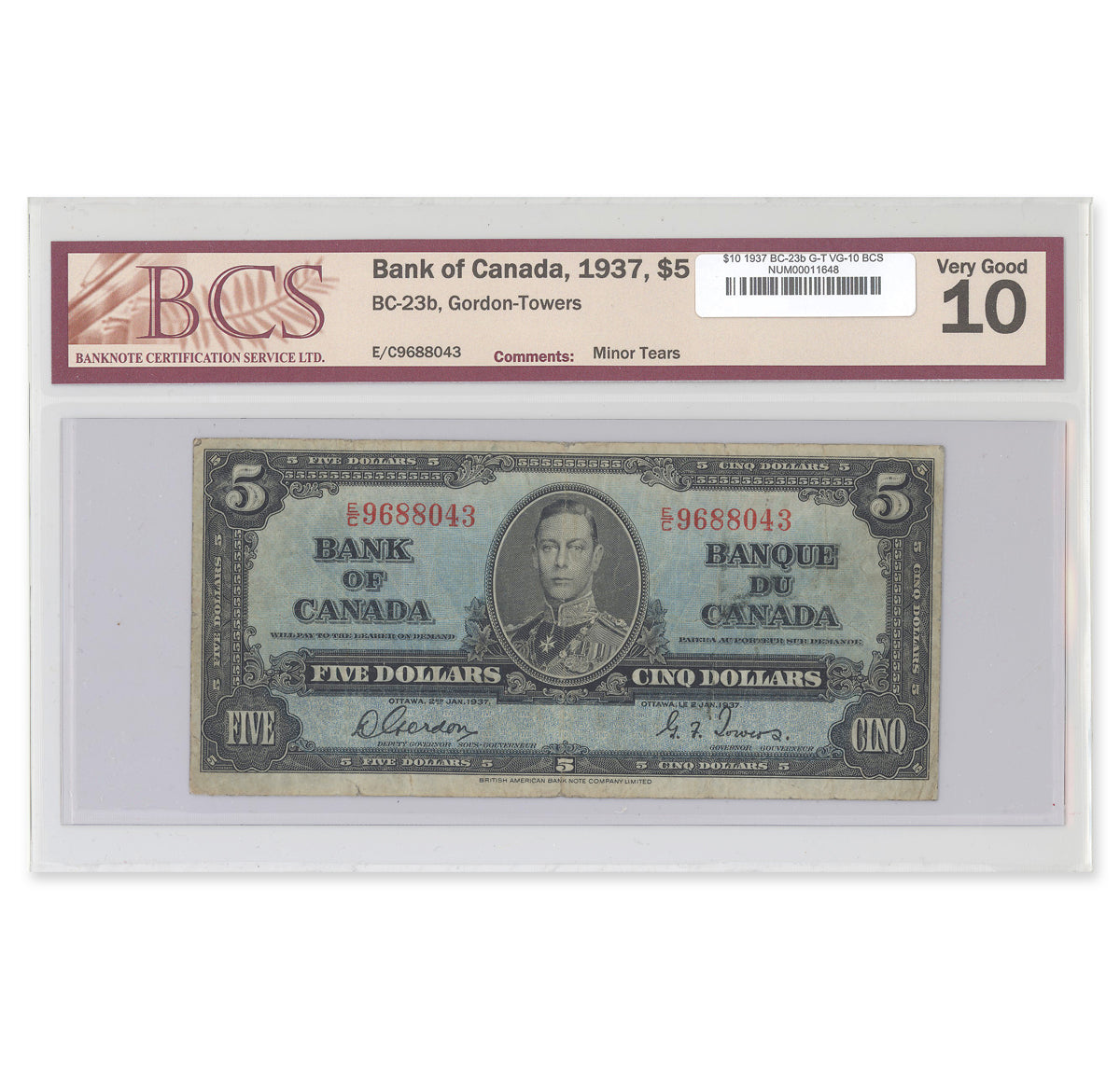 $10 1937 BC-23b Gordon-Towers Prefix E/C BCS VG-10