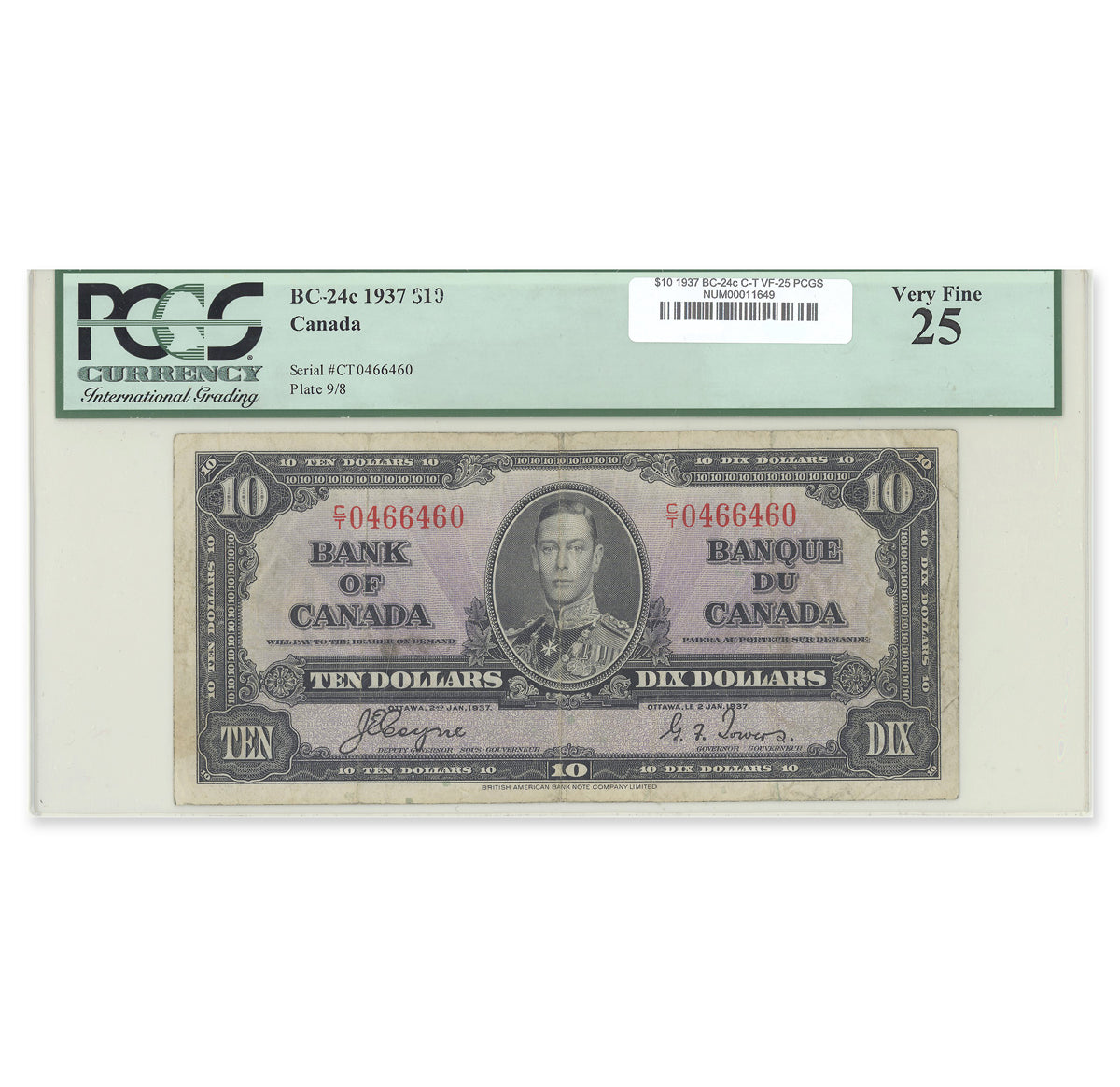 $10 1937 BC-24c Coyne-Towers Prefix C/T PCGS VF-25