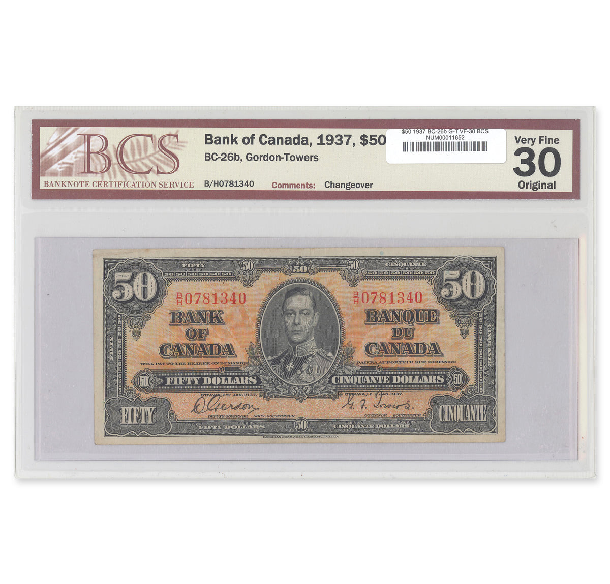 $50 1937 BC-26b Gordon-Towers Prefix B/H BCS VF-30 PPQ
