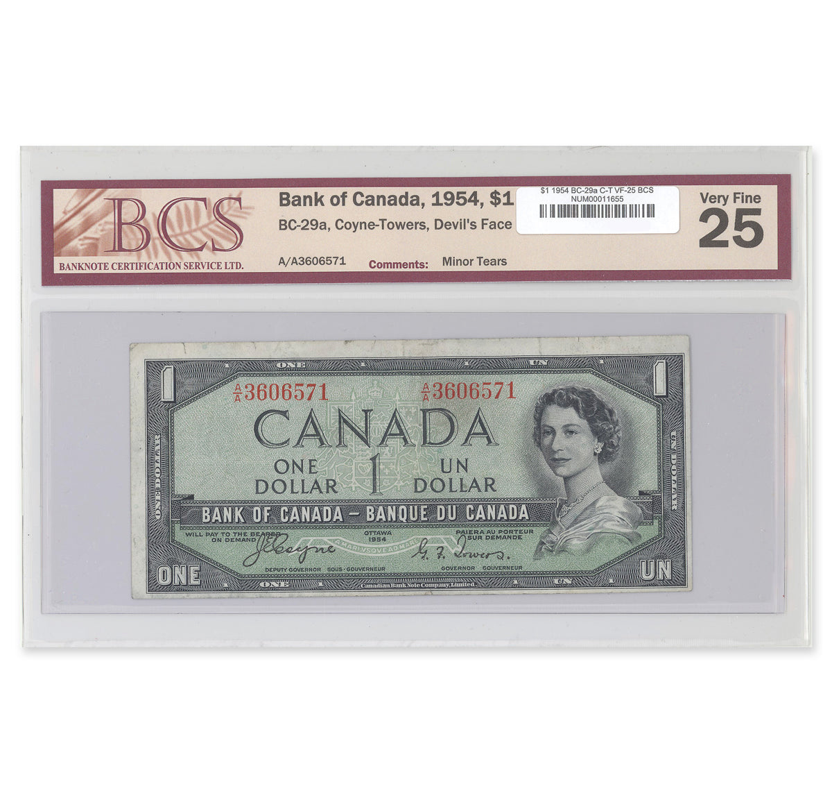 $1 1954 Devil's Face Series BC-29a Coyne-Towers Prefix A/A BCS VF-25