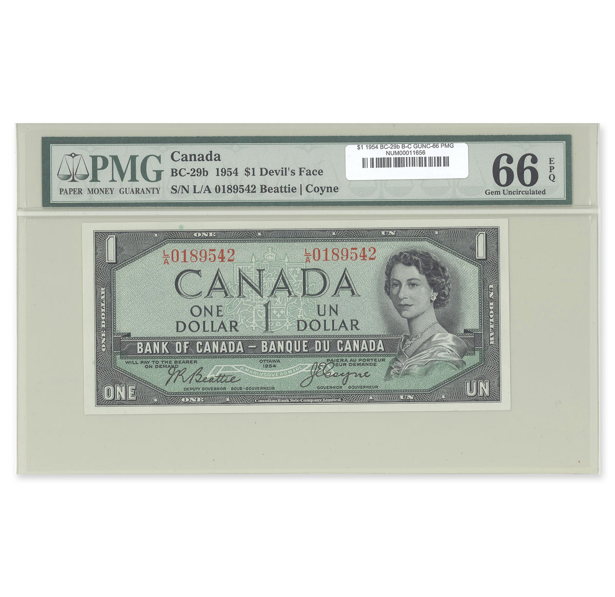 $1 1954 Devil's Face Series BC-29b Beattie-Coyne Prefix L/A PMG GUNC-66 EPQ