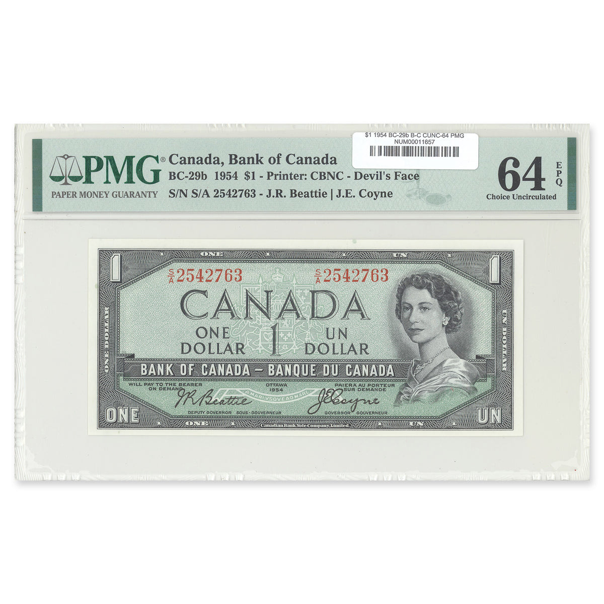 $1 1954 Devil's Face Series BC-29b Beattie-Coyne Prefix S/A PMG CUNC-64 EPQ