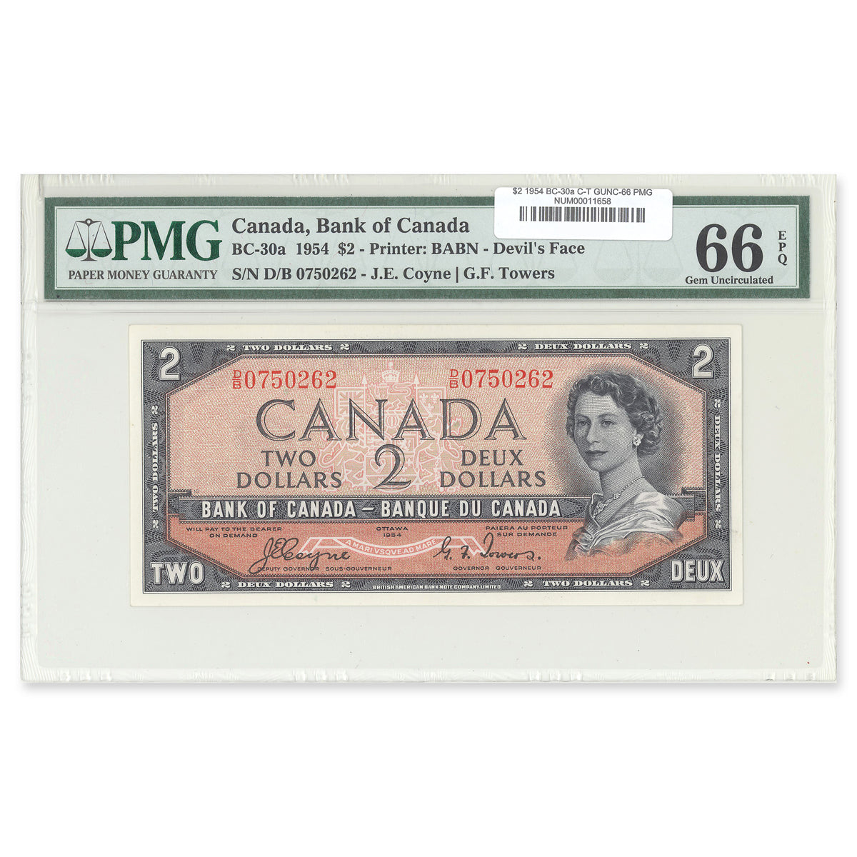 $2 1954 Devil's Face Series BC-30a Coyne-Towers Prefix D/B PMG GUNC-66 EPQ