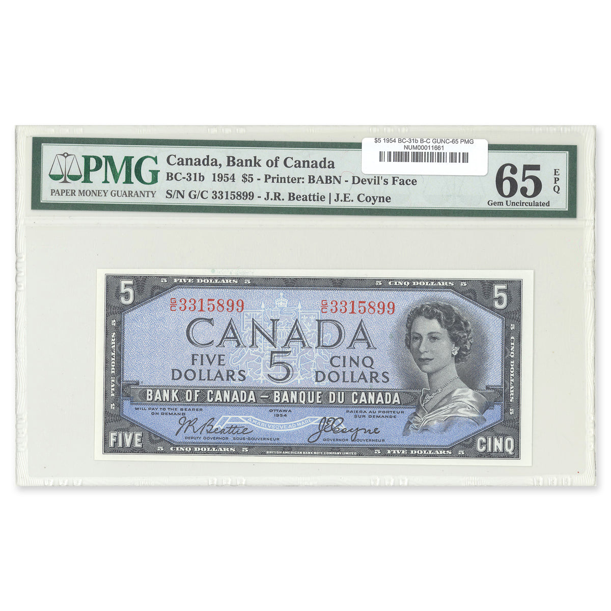 $5 1954 Devil's Face Series BC-31b Beattie-Coyne Prefix G/C PMG GUNC-65 EPQ