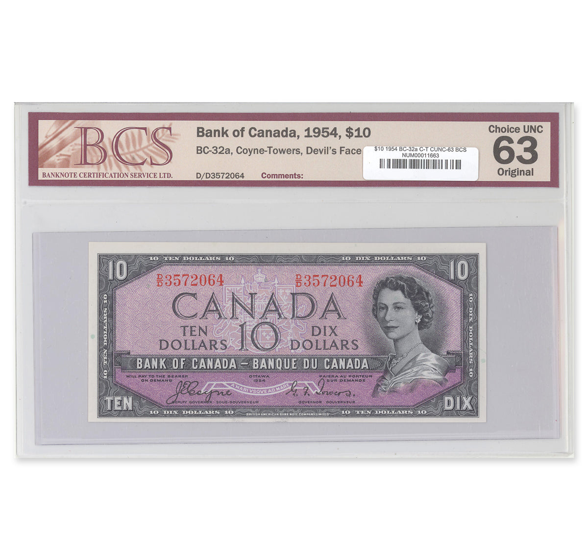 $10 1954 Devil's Face Series BC-32a Coyne-Towers Prefix D/D BCS CUNC-63 Original