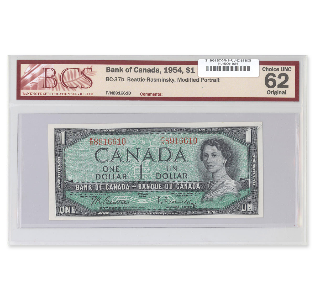 $1 1954 Modified Series BC-37b Beattie-Rasminsky Prefix F/N BCS UNC-62 Original